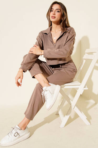 Yarım Fermuarlı Crop İkili Takım Vizon - Kadın Giyim Modelleri