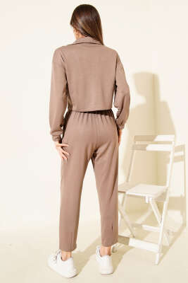 Yarım Fermuarlı Crop İkili Takım Vizon - Kadın Giyim Modelleri