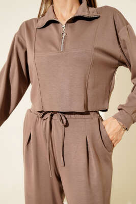 Yarım Fermuarlı Crop İkili Takım Vizon - Kadın Giyim Modelleri