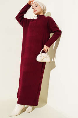 Yarım Fermuarlı Dik Fitilli Triko Elbise Bordo - KILIÇ TRİKO