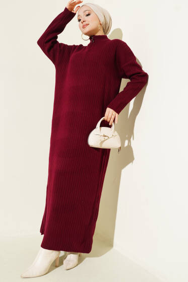Yarım Fermuarlı Dik Fitilli Triko Elbise Bordo - Elbise