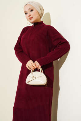 Yarım Fermuarlı Dik Fitilli Triko Elbise Bordo - Elbise