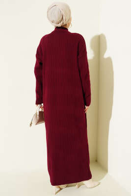 Yarım Fermuarlı Dik Fitilli Triko Elbise Bordo - Elbise