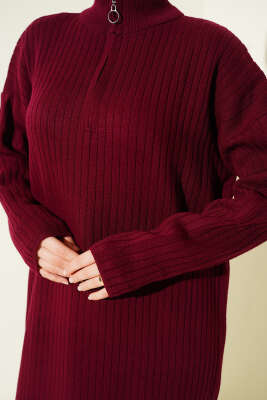 Yarım Fermuarlı Dik Fitilli Triko Elbise Bordo - Elbise
