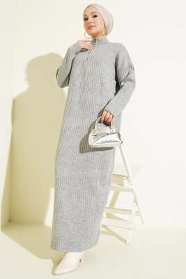 Yarım Fermuarlı Dik Fitilli Triko Elbise Gri - KILIÇ TRİKO