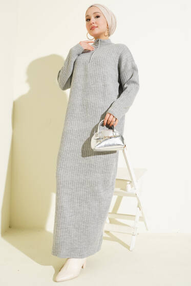 Yarım Fermuarlı Dik Fitilli Triko Elbise Gri - Elbise