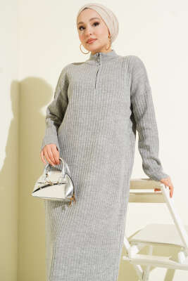 Yarım Fermuarlı Dik Fitilli Triko Elbise Gri - Elbise