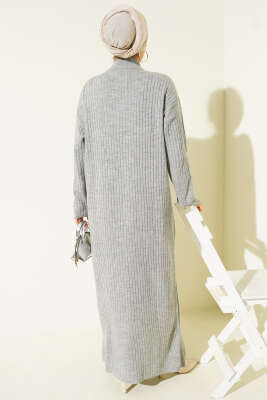 Yarım Fermuarlı Dik Fitilli Triko Elbise Gri - Elbise