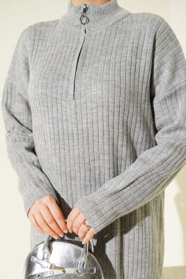 Yarım Fermuarlı Dik Fitilli Triko Elbise Gri - Elbise