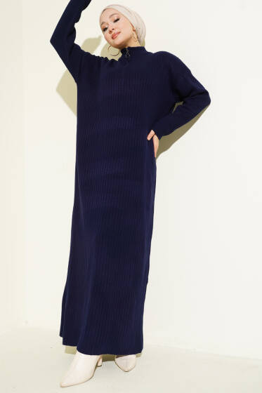 Yarım Fermuarlı Dik Fitilli Triko Elbise Lacivert - Elbise