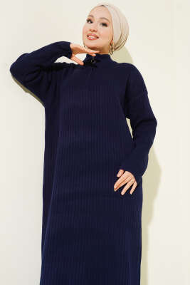 Yarım Fermuarlı Dik Fitilli Triko Elbise Lacivert - Elbise
