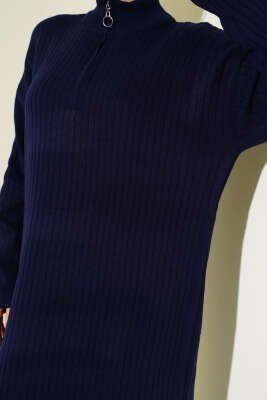 Yarım Fermuarlı Dik Fitilli Triko Elbise Lacivert - Elbise