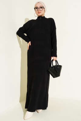 Yarım Fermuarlı Dik Fitilli Triko Elbise Siyah - KILIÇ TRİKO