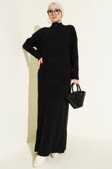 Yarım Fermuarlı Dik Fitilli Triko Elbise Siyah - Elbise