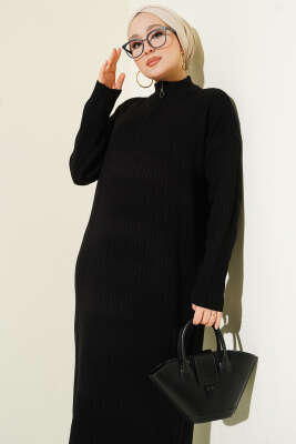 Yarım Fermuarlı Dik Fitilli Triko Elbise Siyah - Elbise