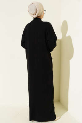 Yarım Fermuarlı Dik Fitilli Triko Elbise Siyah - Elbise