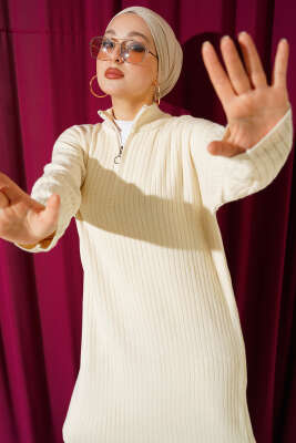 Yarım Fermuarlı Dik Fitilli Triko Elbise Taş - Elbise