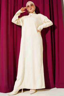 Yarım Fermuarlı Dik Fitilli Triko Elbise Taş 