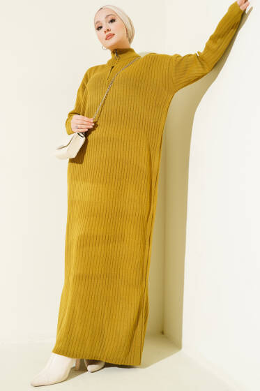 Yarım Fermuarlı Dik Fitilli Triko Elbise Yağ Yeşili - Elbise