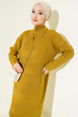 Yarım Fermuarlı Dik Fitilli Triko Elbise Yağ Yeşili - Elbise