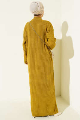 Yarım Fermuarlı Dik Fitilli Triko Elbise Yağ Yeşili - Elbise