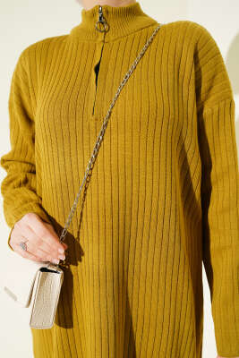 Yarım Fermuarlı Dik Fitilli Triko Elbise Yağ Yeşili - Yılın Fırsatı