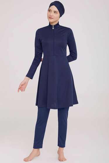 Yarım Fermuarlı Düz Tesettür Mayo Koyu Lacivert - Tesettür Mayo