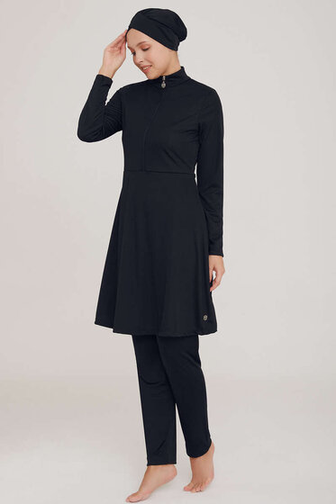 Yarım Fermuarlı Düz Tesettür Mayo Siyah - Tesettür Mayo
