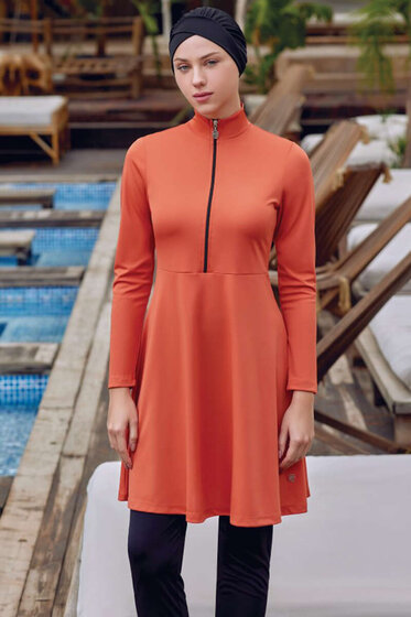 Yarım Fermuarlı Düz Tesettür Mayo Tarçın - Tesettür Mayo