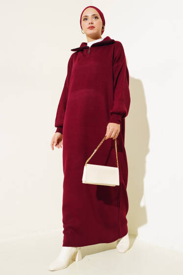 Yarım Fermuarlı Düz Triko Elbise Bordo - Elbise