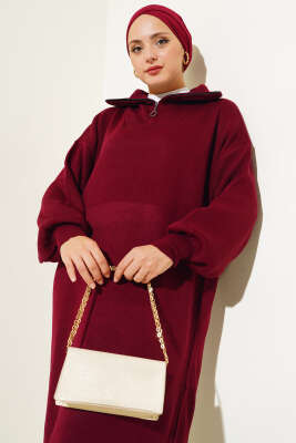 Yarım Fermuarlı Düz Triko Elbise Bordo - Tesettür Elbise