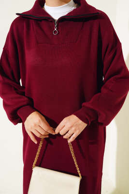 Yarım Fermuarlı Düz Triko Elbise Bordo - Tesettür Elbise