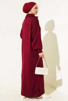 Yarım Fermuarlı Düz Triko Elbise Bordo - Tesettür Elbise