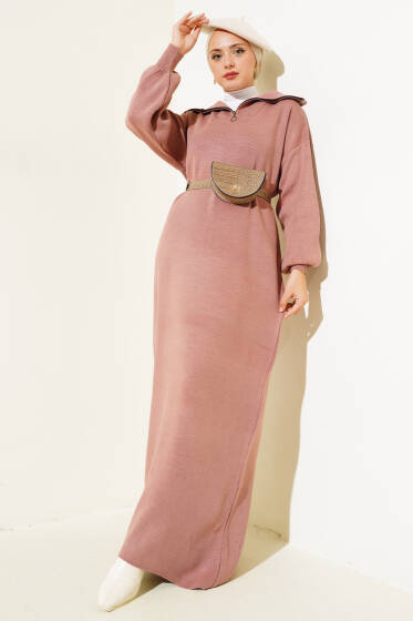 Yarım Fermuarlı Düz Triko Elbise Gül Kurusu - Elbise