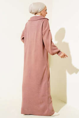 Yarım Fermuarlı Düz Triko Elbise Gül Kurusu - Tesettür Elbise