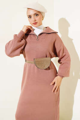 Yarım Fermuarlı Düz Triko Elbise Gül Kurusu - Tesettür Elbise