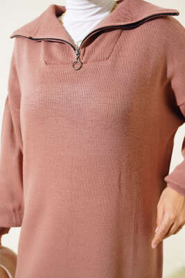 Yarım Fermuarlı Düz Triko Elbise Gül Kurusu - Tesettür Elbise