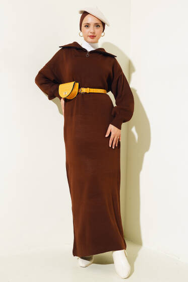 Yarım Fermuarlı Düz Triko Elbise Kahve - Elbise