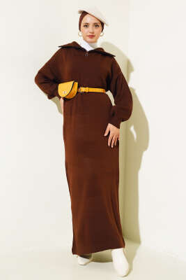 Yarım Fermuarlı Düz Triko Elbise Kahve - KILIÇ TRİKO