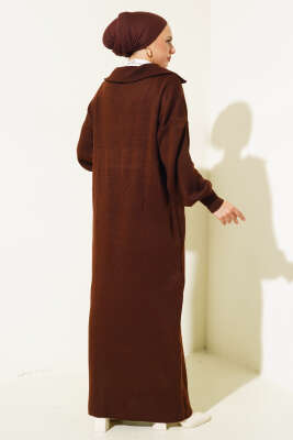 Yarım Fermuarlı Düz Triko Elbise Kahve - Tesettür Elbise