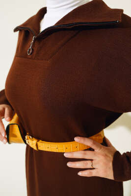 Yarım Fermuarlı Düz Triko Elbise Kahve - Tesettür Elbise