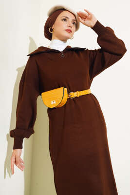 Yarım Fermuarlı Düz Triko Elbise Kahve - Tesettür Elbise