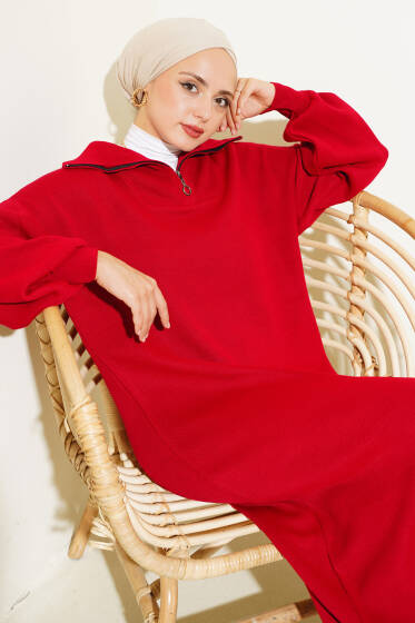 Yarım Fermuarlı Düz Triko Elbise Kırmızı - Elbise