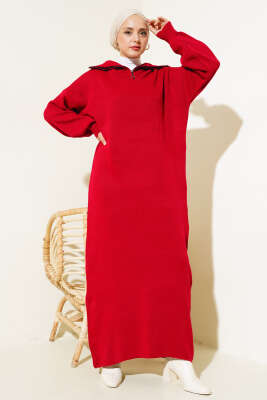 Yarım Fermuarlı Düz Triko Elbise Kırmızı - Tesettür Elbise