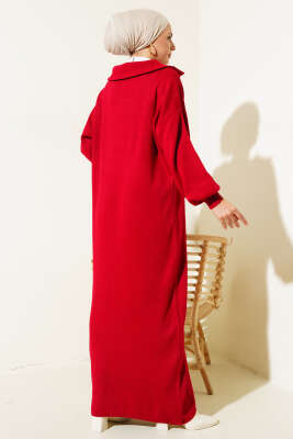 Yarım Fermuarlı Düz Triko Elbise Kırmızı - Tesettür Elbise