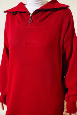 Yarım Fermuarlı Düz Triko Elbise Kırmızı - Tesettür Elbise