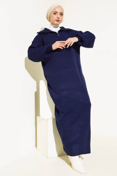 Yarım Fermuarlı Düz Triko Elbise Lacivert - Elbise