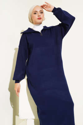 Yarım Fermuarlı Düz Triko Elbise Lacivert - Tesettür Elbise
