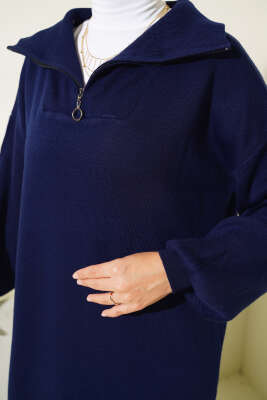 Yarım Fermuarlı Düz Triko Elbise Lacivert - Tesettür Elbise