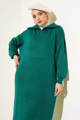 Yarım Fermuarlı Düz Triko Elbise Nefti - Tesettür Elbise